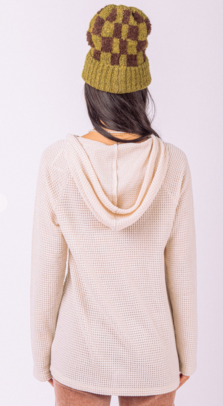 Casual Hooded Waffle Button Up Top