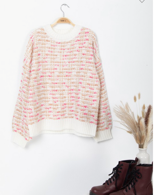 Roxy Crewneck Knit Sweater Oversized - Cream/Pink