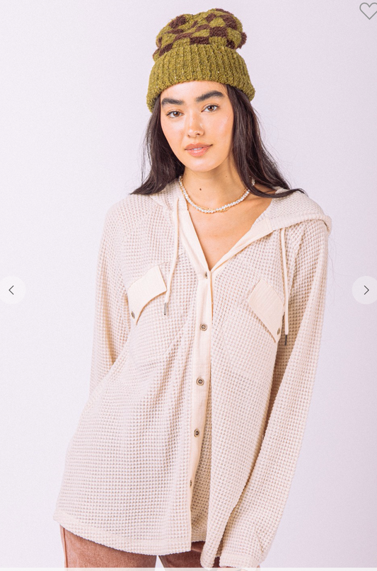 Casual Hooded Waffle Button Up Top