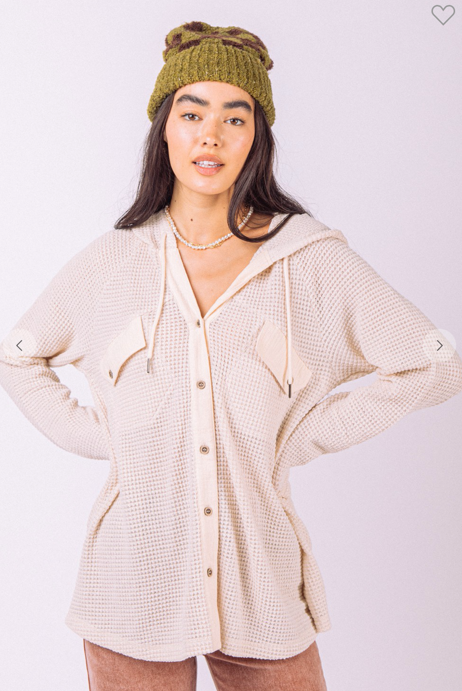 Casual Hooded Waffle Button Up Top